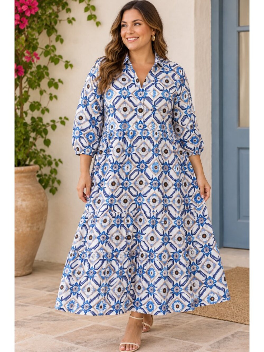 Anthropologie Maeve Bettina Tiered Shirt Dress Size XL Blue and White Geometric